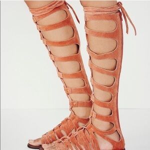Suede Gladiator Knee-High Sandals - Rust